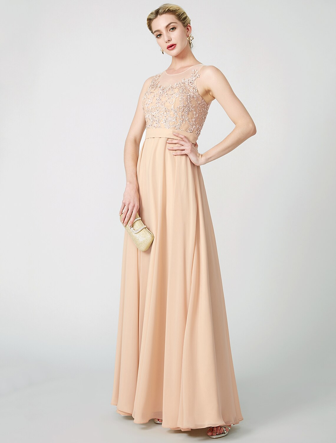 Abito da ballo classico e senza tempo a trapezio, con scollo a V, in chiffon, senza maniche, lungo fino al pavimento, in pizzo e perline, con applicazioni a pieghe, in colori pastello
